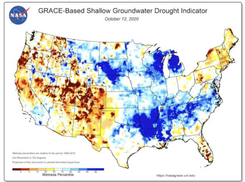 A map of soil moisture, as represented using color, derived from satellite products